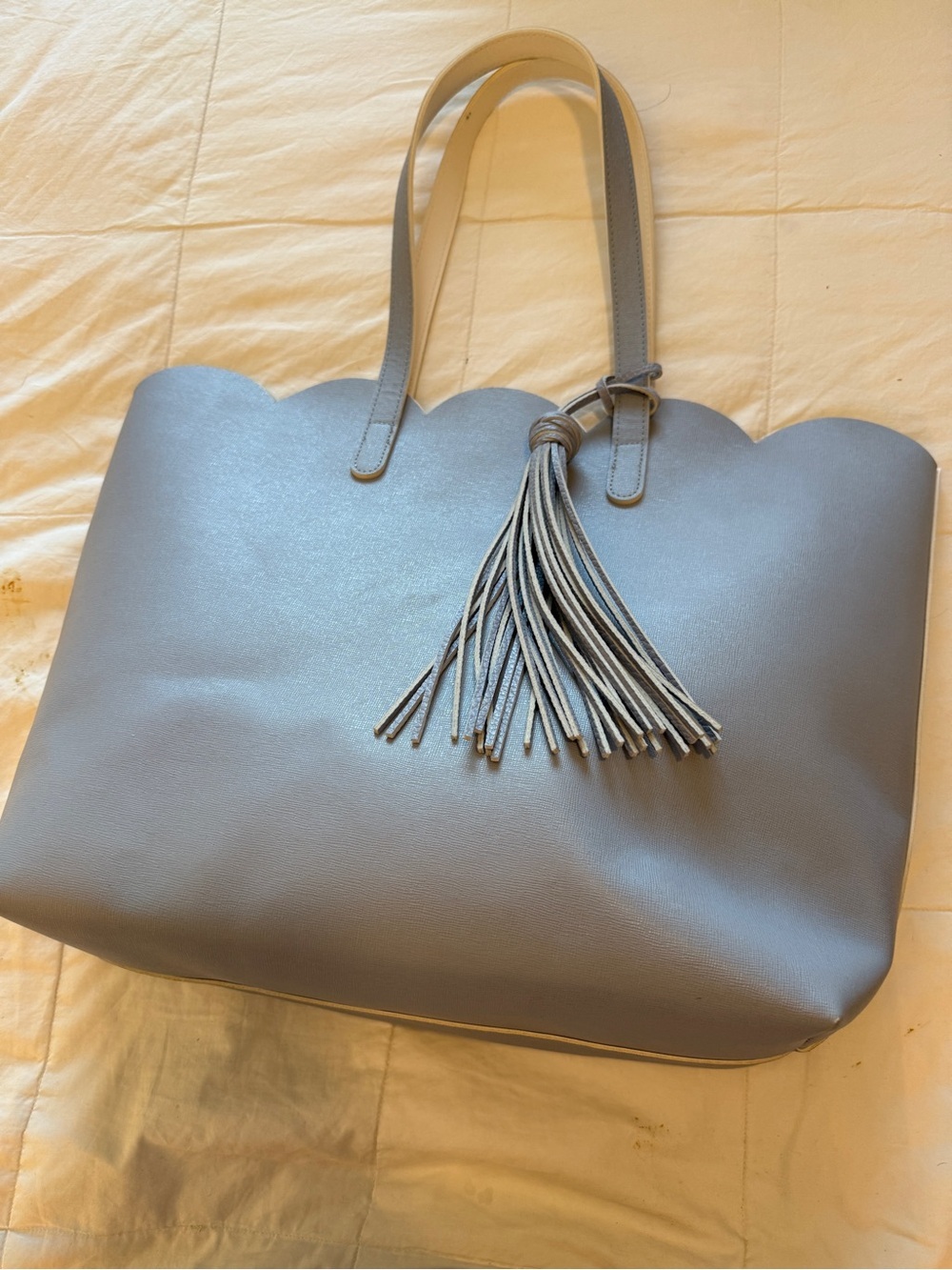Scalloped Edge Tassel Tote in Light Blue